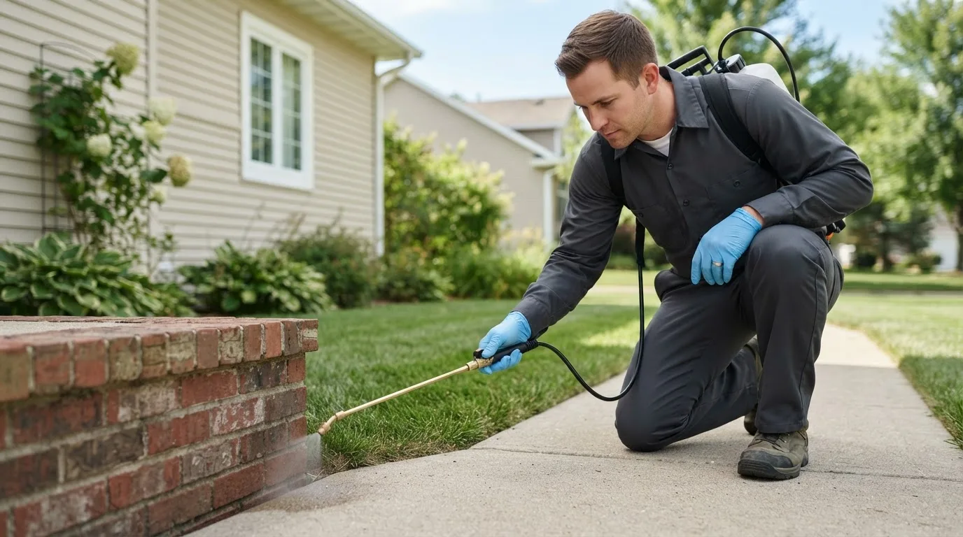 Pest control technician treating a home near Carolina, RI